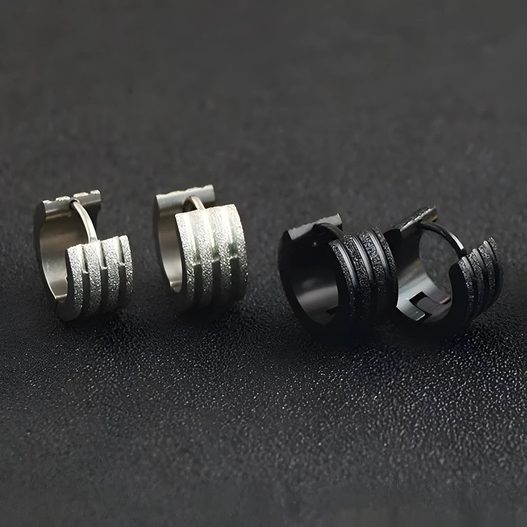 Korean style three-line frosted geometric titanium steel earrings in gold, black, or steel colour.