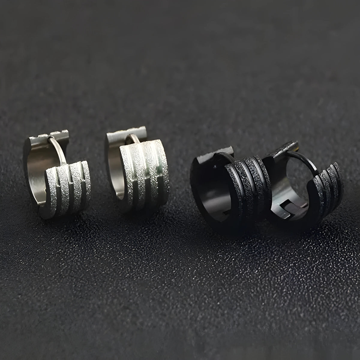 Korean style three-line frosted geometric titanium steel earrings in gold, black, or steel colour.