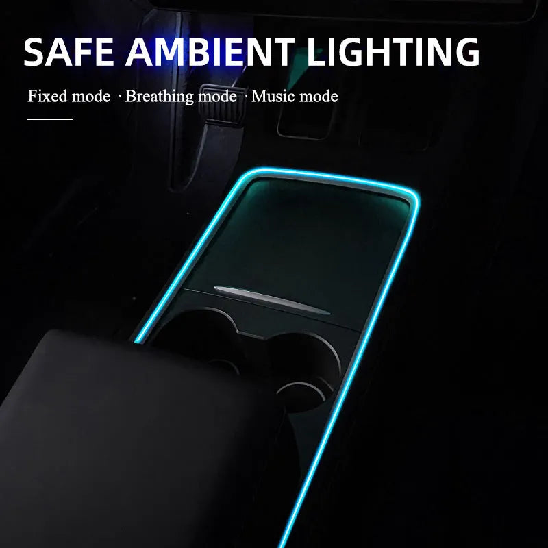 Car LED atmosphere light with colourful changing illumination on dashboard and centre console