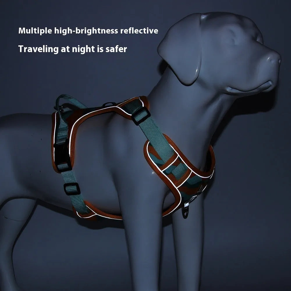 Reflective dog harness with hand holding rope in orange Oxford fabric