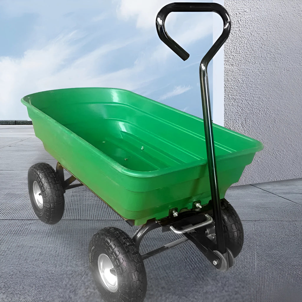 Green four-wheel plastic dumptruck with steel frame and 350kg load capacity