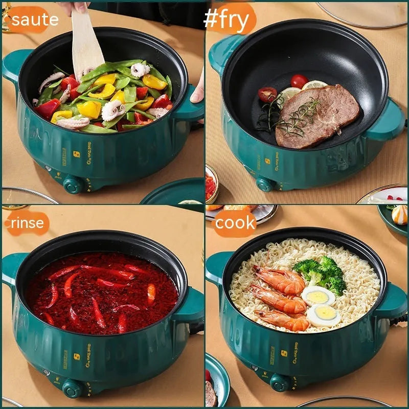 Stainless steel electric cooking pot with non-stick interior and integrated heating element