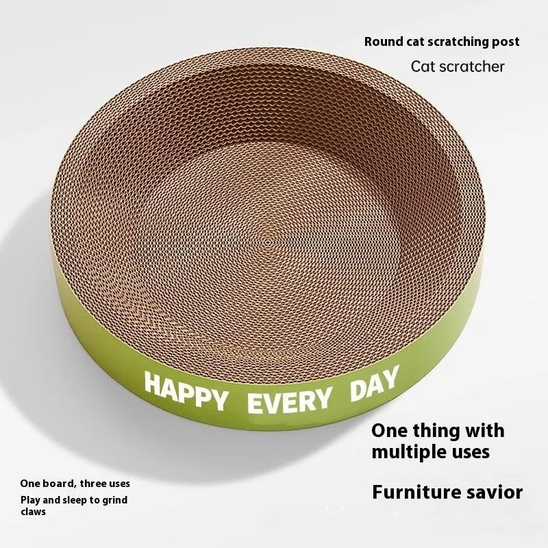 Green round 50cm diameter cat nest with integrated scratching boards and centre cushion area