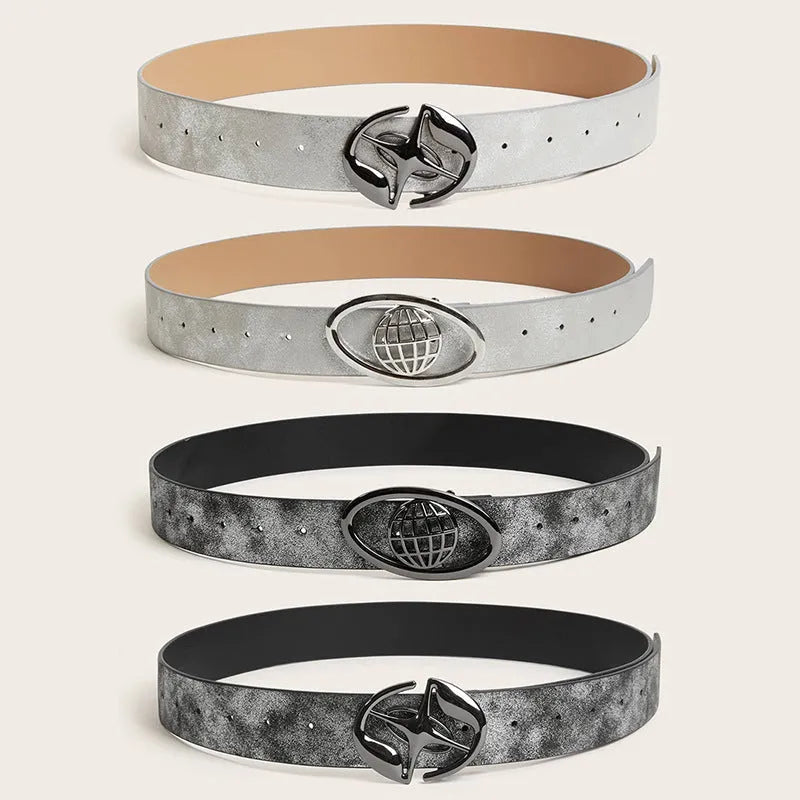 Women's thick retro belt with oval alloy buckle in PU leather, earth style grey white colour
