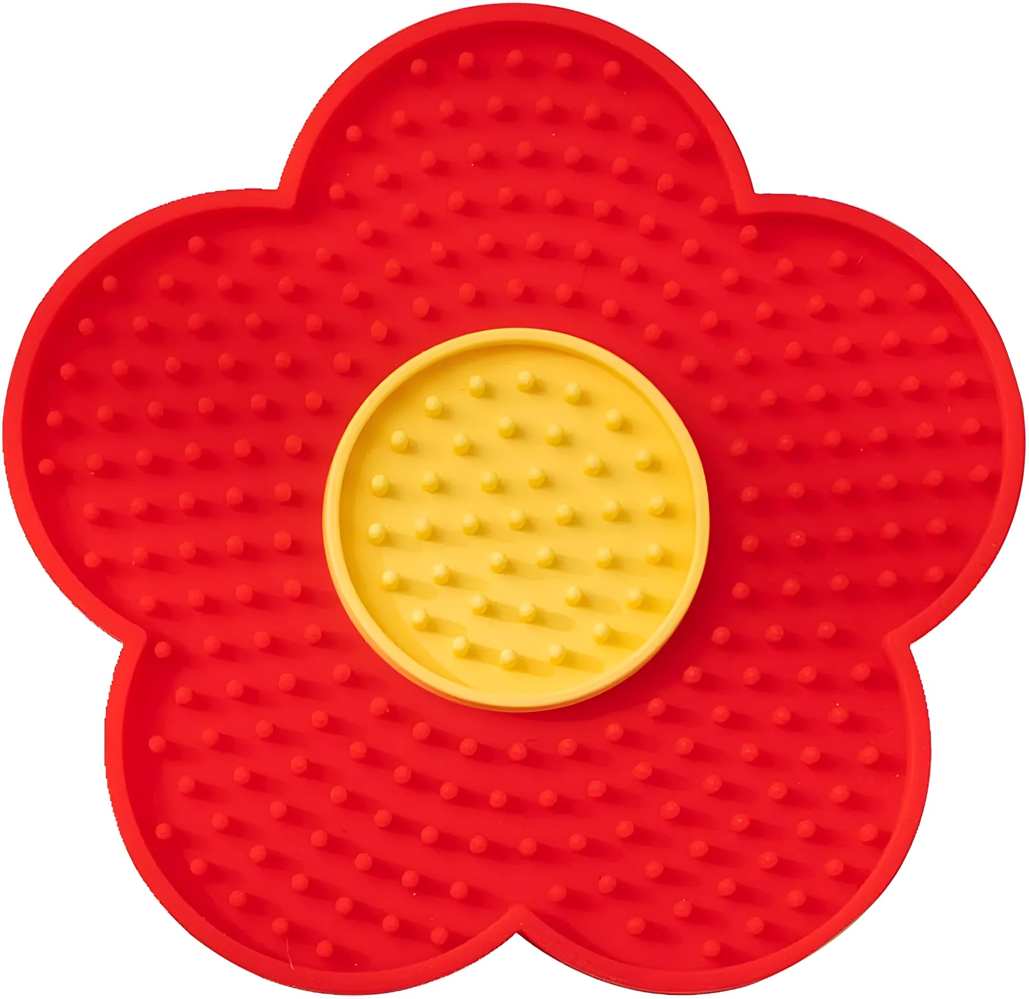 Flower-shaped blue silicone pet lick mat with suction cups on a tiled floor.