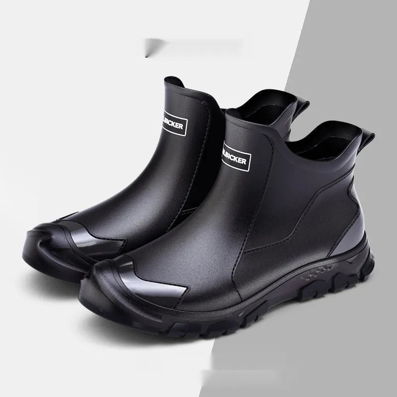 PVC outdoor wading non-slip rubber shoes in short tube rain boot design with round toe