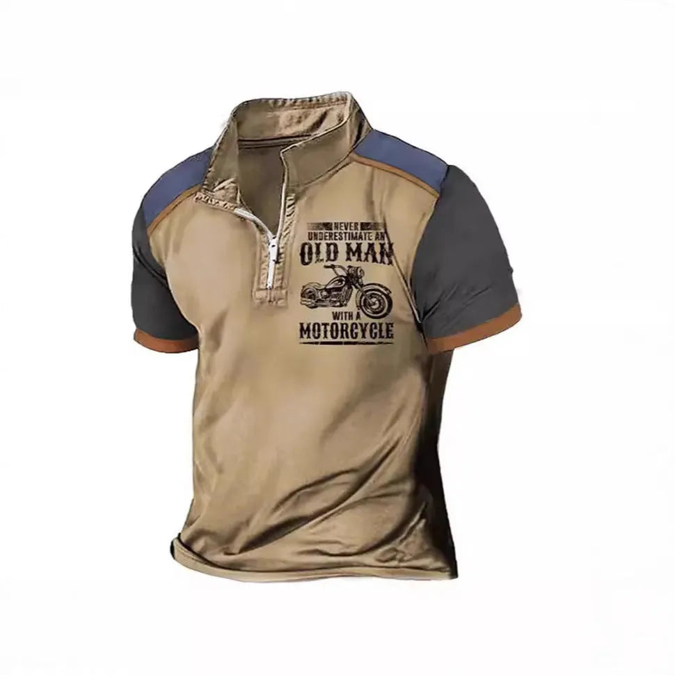 Men's casual polo shirt with lapel collar, zipper decorations and letter print pattern in polyester fabric
