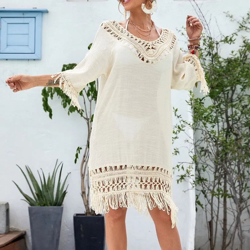 Apricot crochet patchwork beach dress with half sleeves and midi length in hipster street style