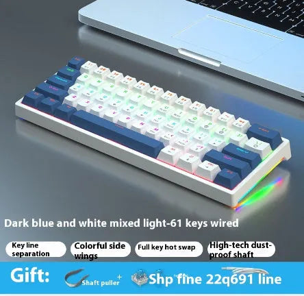 Blue and white 61-key compact mechanical keyboard with hot-swappable switches on black background