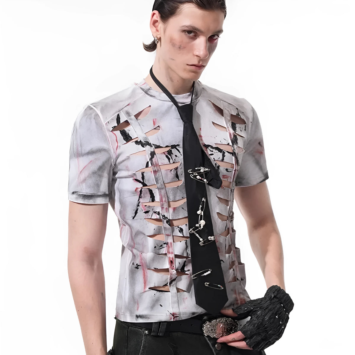 Men's white cotton t-shirt with cut hollow-out pattern, short sleeves and round neck collar