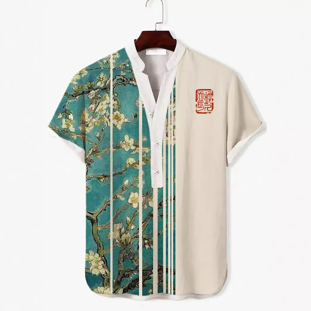 Short sleeve shirt with a vibrant 3D digital animal print pattern on polyester fabric.