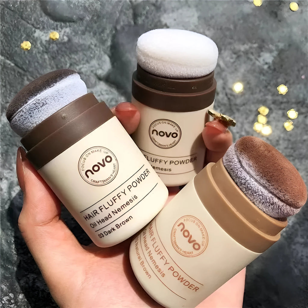 Veejaga mattifying hair oil control booster powder in compact, showing transparent, brown, and dark brown shades.