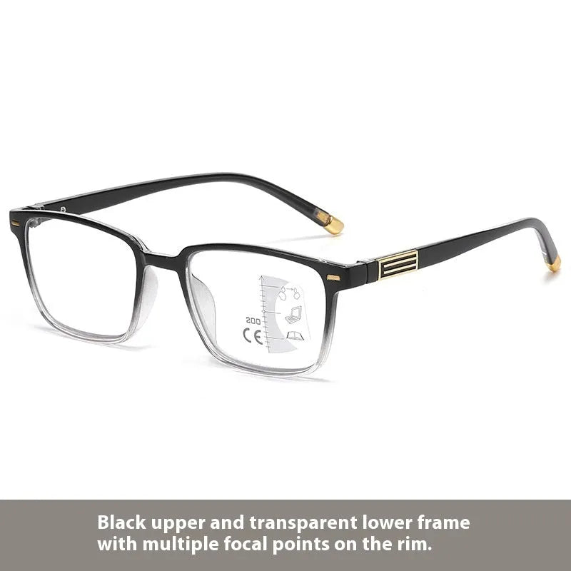 Multifocal reading glasses with color changing PC lens and black frame available in multiple degrees