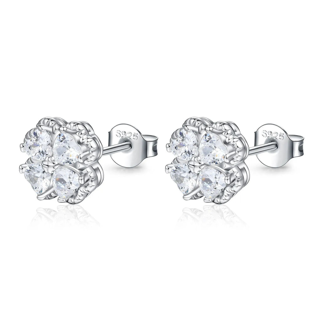 Women's heart-shaped 925 silver zircon earrings with white gold colour finish and four-leaf clover design