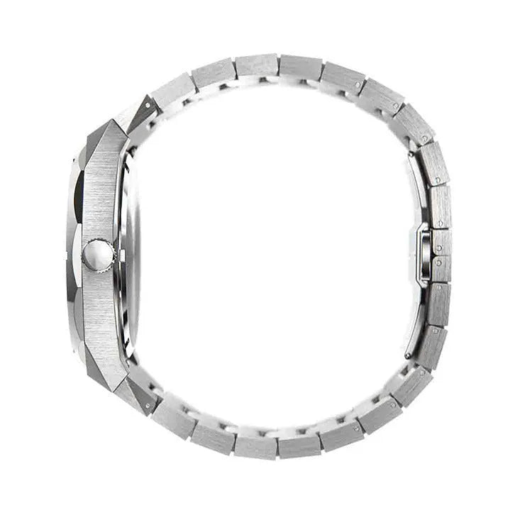 Stainless steel men's waterproof watch with 42mm case on wrist, showing butterfly buckle.