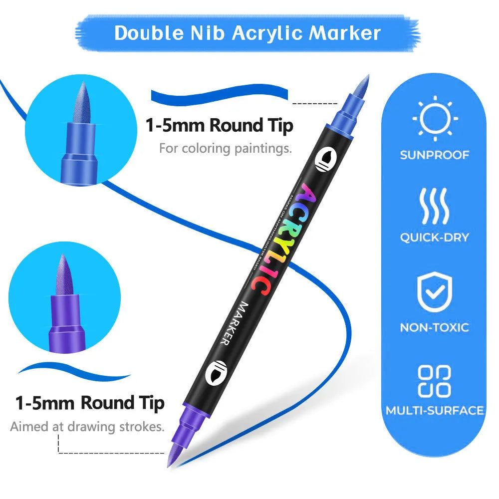 Set of double-headed acrylic marker pens with quick-drying washable opaque colours