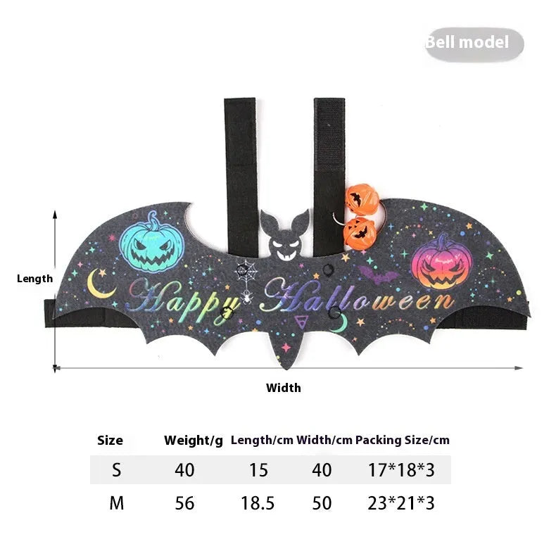 Halloween batwing costume on cat with soft felt construction and bell accessory