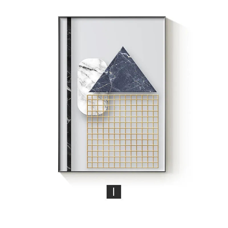 Abstract geometric pattern canvas wall art painting in a modern frame.