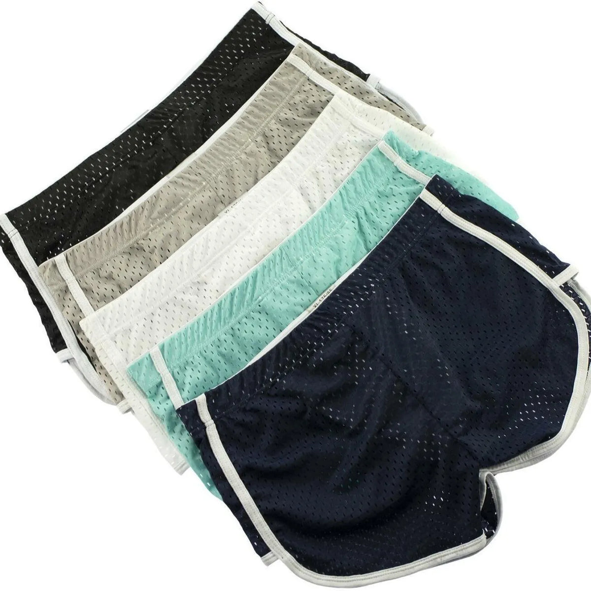 Men's three-point boxers in black, grey, blue, and white on a mid waist mannequin.