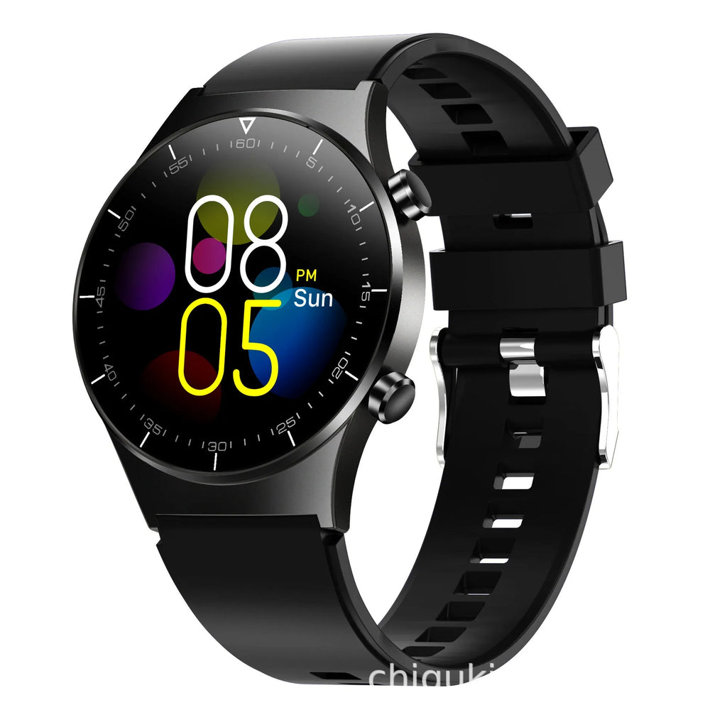 Black smart sports watch with astronaut bracelet design showing heart rate and blood pressure monitoring on 1.3 inch touchscreen