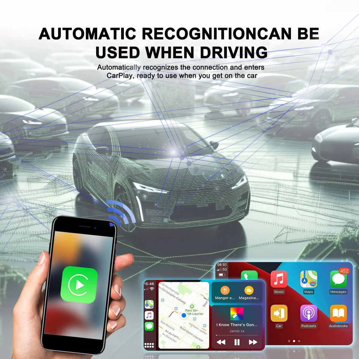 Black metal wireless CarPlay converter module with cables for car head unit installation