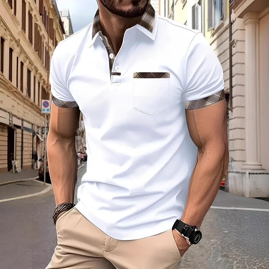 Men's loose fit plaid colourblock T-shirt with zipper decoration details on short sleeves