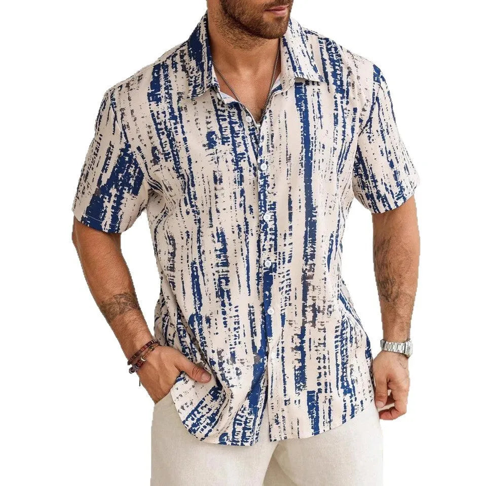 Men's striped short sleeve shirt with 3D printed pattern in summer colours