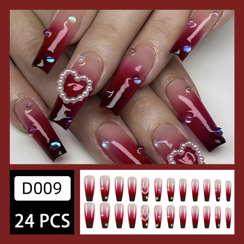 Wine red gradient plaid fake nail tips with ballet style shape