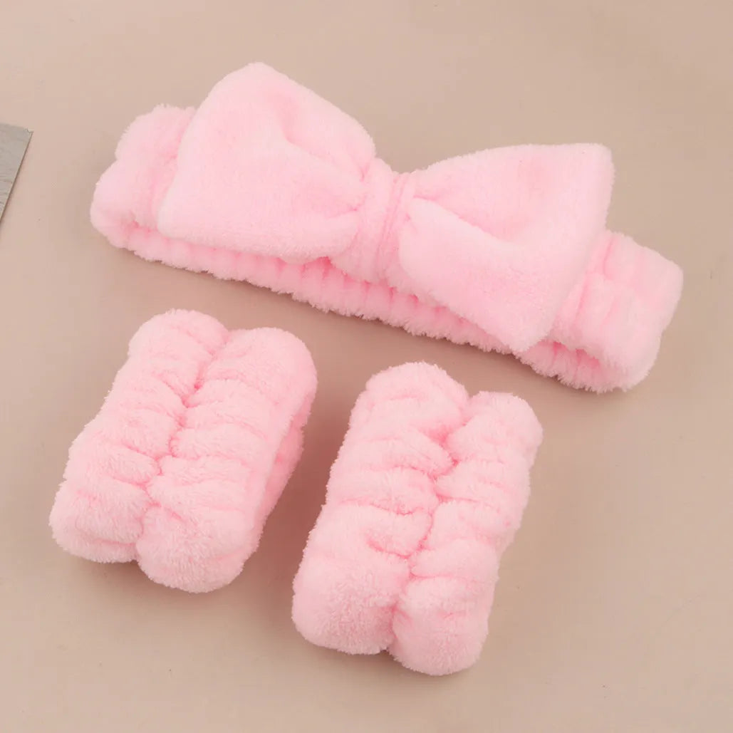 Coral fleece absorbent hair band and facial brush set in purple, grey, white or pink colours