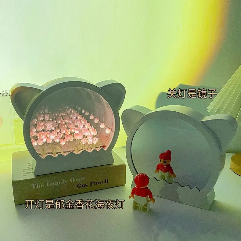 DIY handmade tulip sea night lamp with cat head silhouette on ABS frame