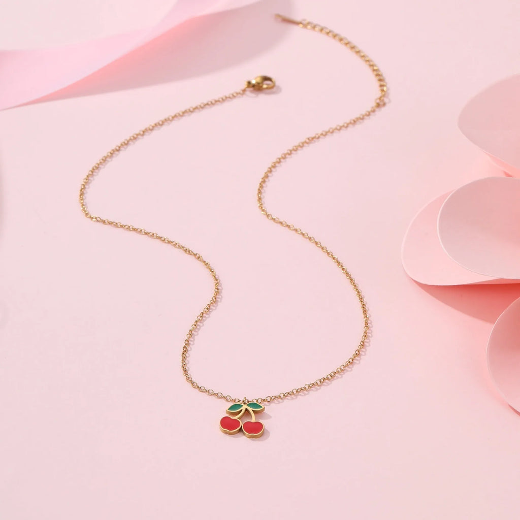 Cherry necklace, bracelet, earrings, and ring set in stainless steel with gold plating.