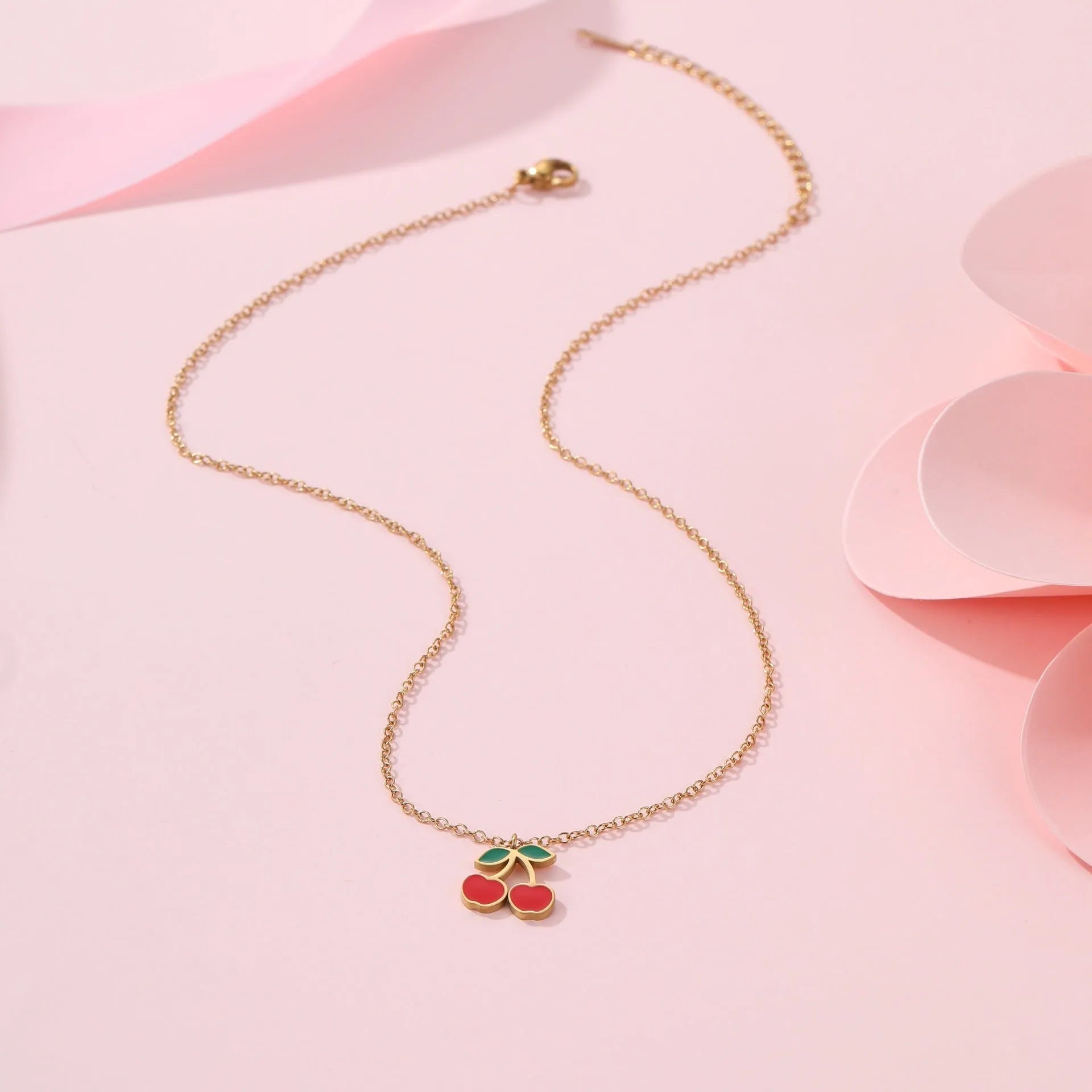 Cherry necklace, bracelet, earrings, and ring set in stainless steel with gold plating.
