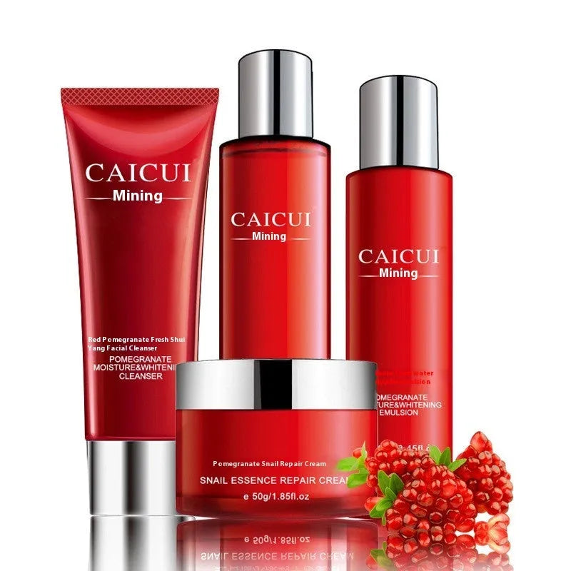Pomegranate skincare set four-product bundle with red packaging including face wash, toner, lotion and facial cream
