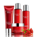 Pomegranate skincare set four-product bundle with red packaging including face wash, toner, lotion and facial cream