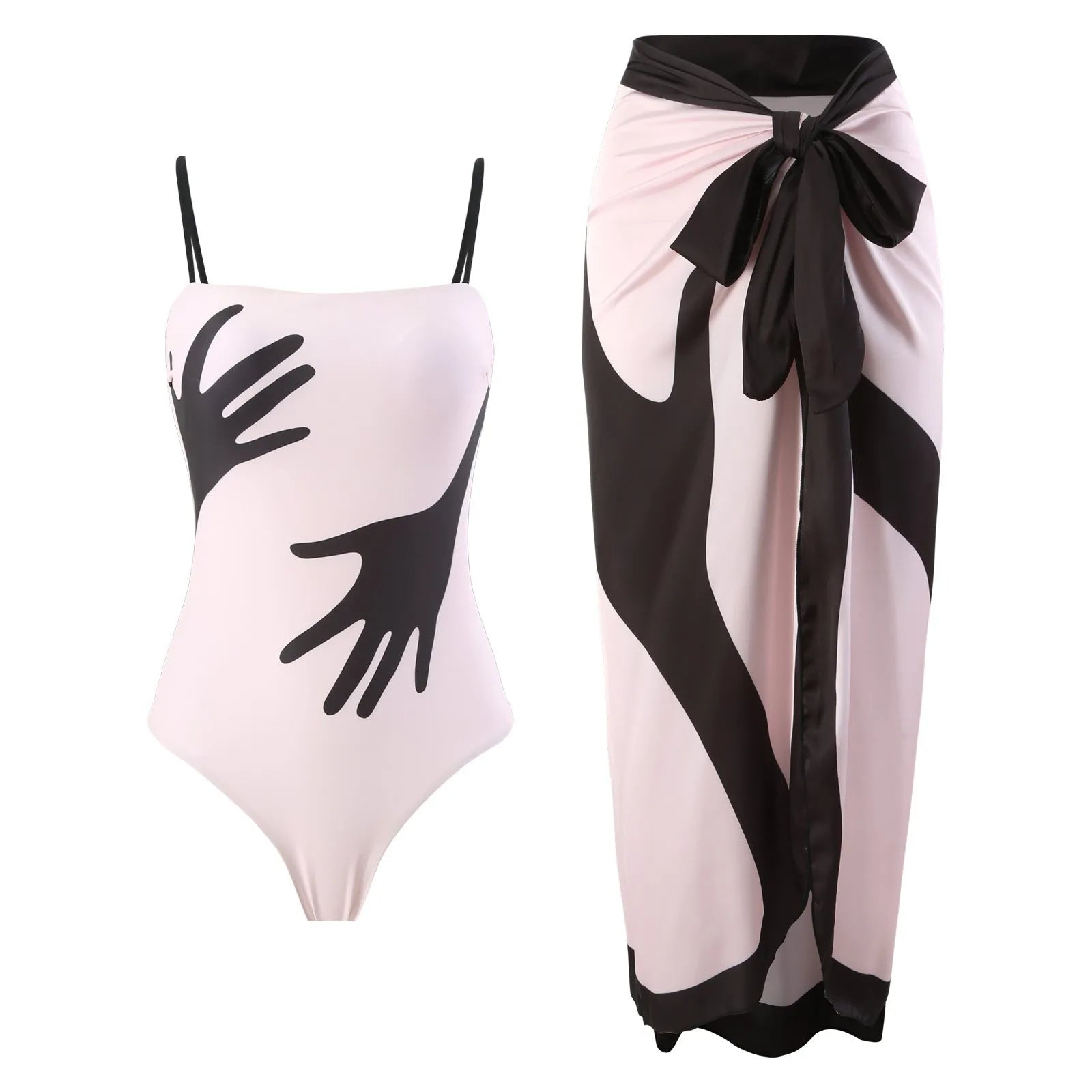 Women's patterned polyester bikini swimsuit with a long attached tulle skirt overlay.