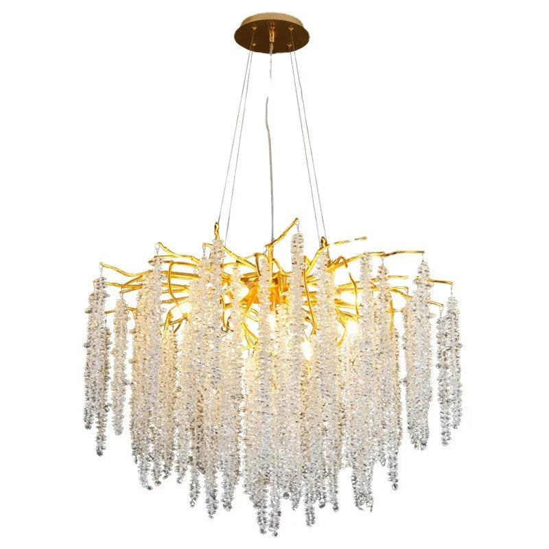 Adjustable modern crystal chandelier with LED lights and aluminium frame in round and long styles.
