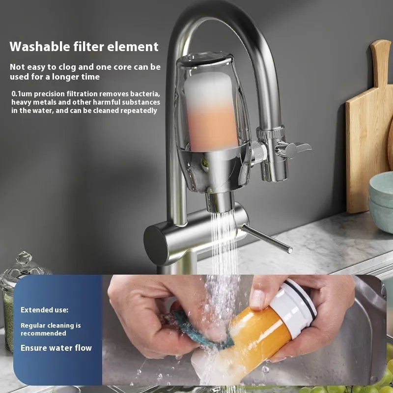 Ceramic faucet-mounted water filter unit for direct tap connection.