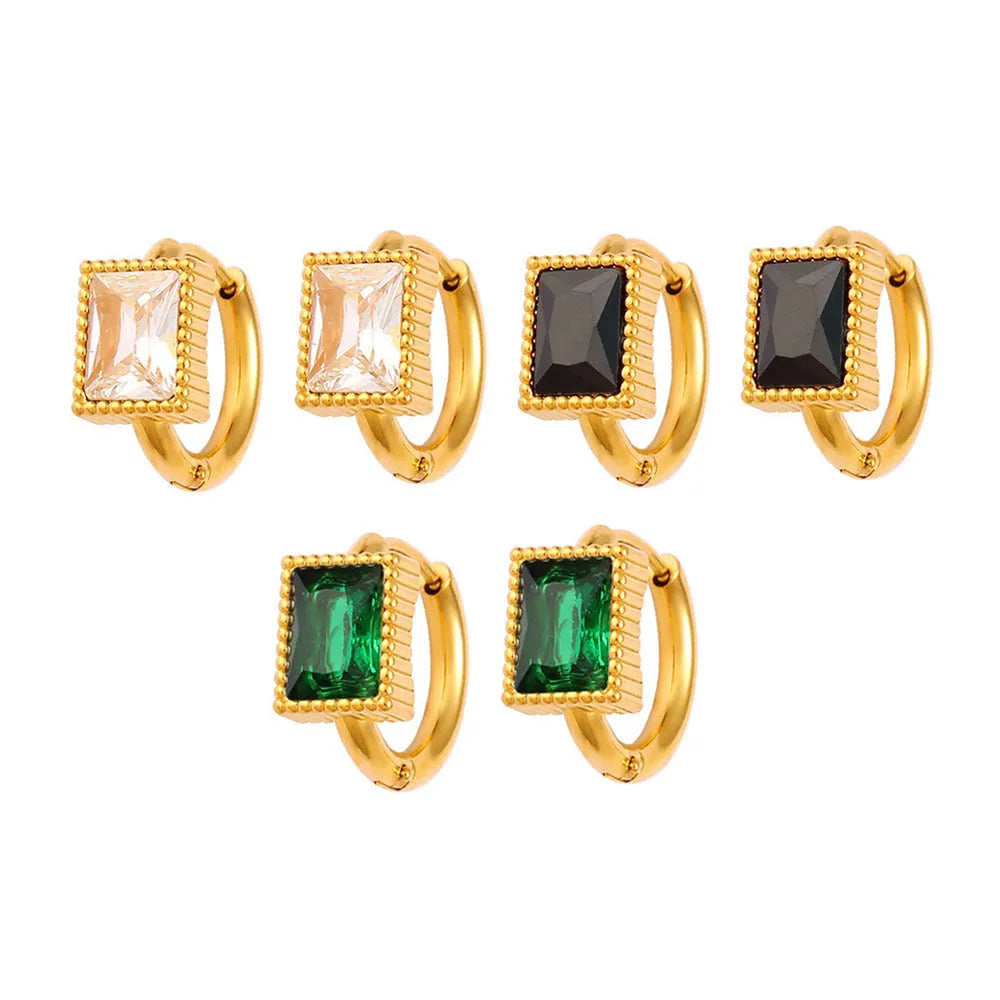 Square geometric stainless steel earrings with round ring details in white, black, or green electroplated finish.