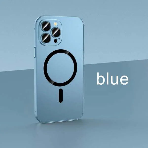 Dark purple aluminium alloy frame magnetic phone case for iPhone with a snap closure.
