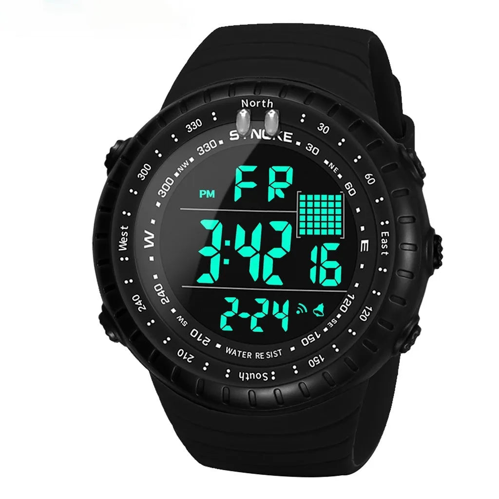 Black men's waterproof outdoor electronic watch with plastic case and PU strap
