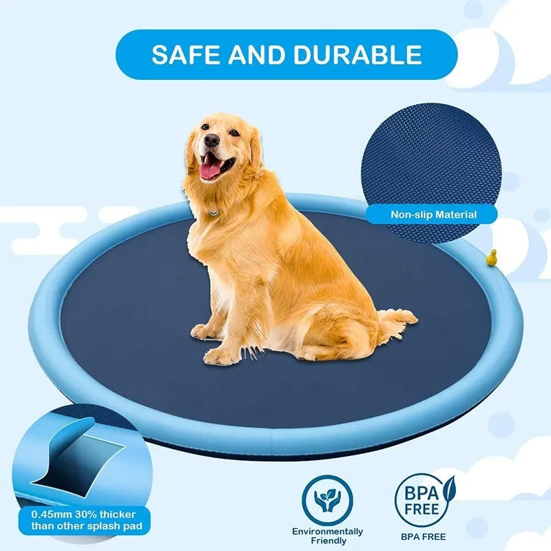 Blue anti-slip dog splash pad pool mat for outdoor water play in three size options.