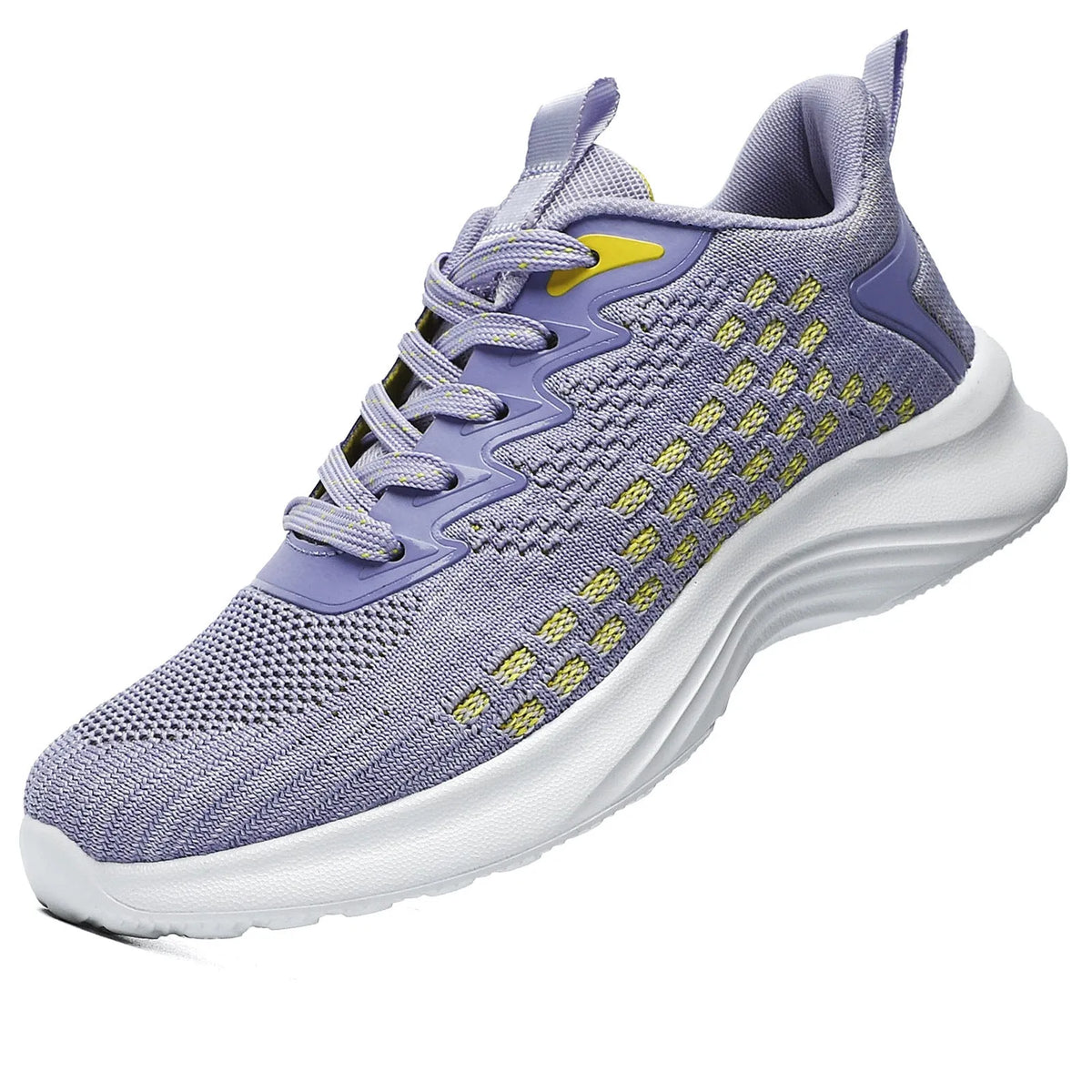 Women's lavender purple Flyknit running shoes with mesh lining and EVA sole, shown in a side view.