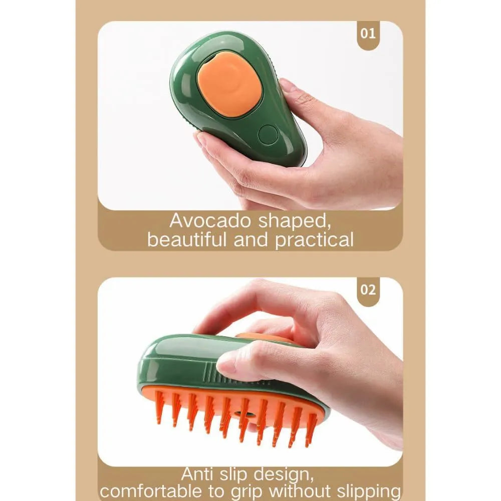 Green and white cat steam brush with water spray function and silicone bristles for pet grooming