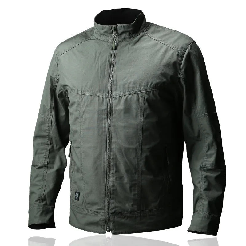 Men's brown tactical camouflage jacket with multiple pockets on a mannequin.