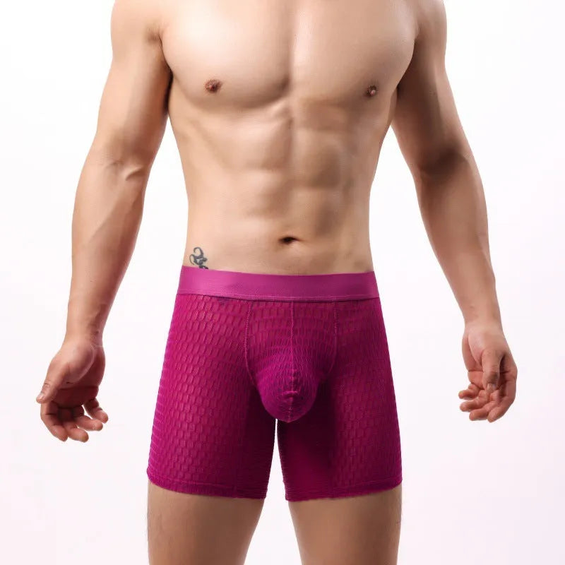 Men's lace mesh boxer shorts in multiple colours showing knitted nylon fabric detail