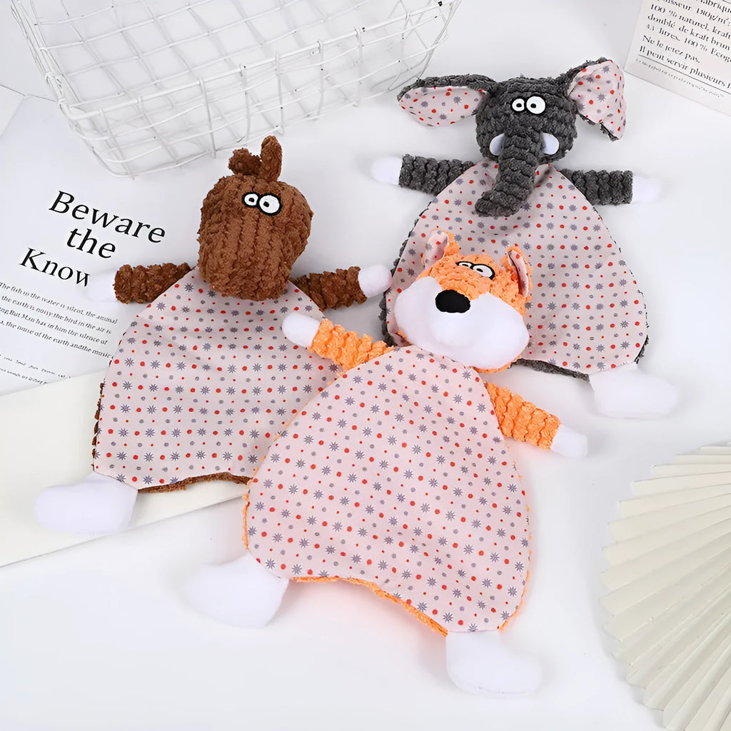 Brown velvet stuffed fox elephant dog toy with squeaker and crinkle sound paper