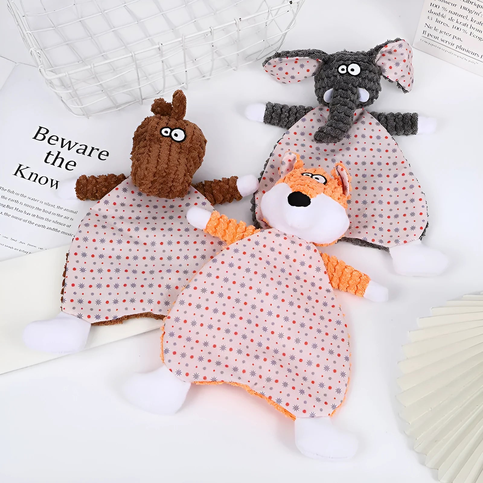 Brown velvet stuffed fox elephant dog toy with squeaker and crinkle sound paper