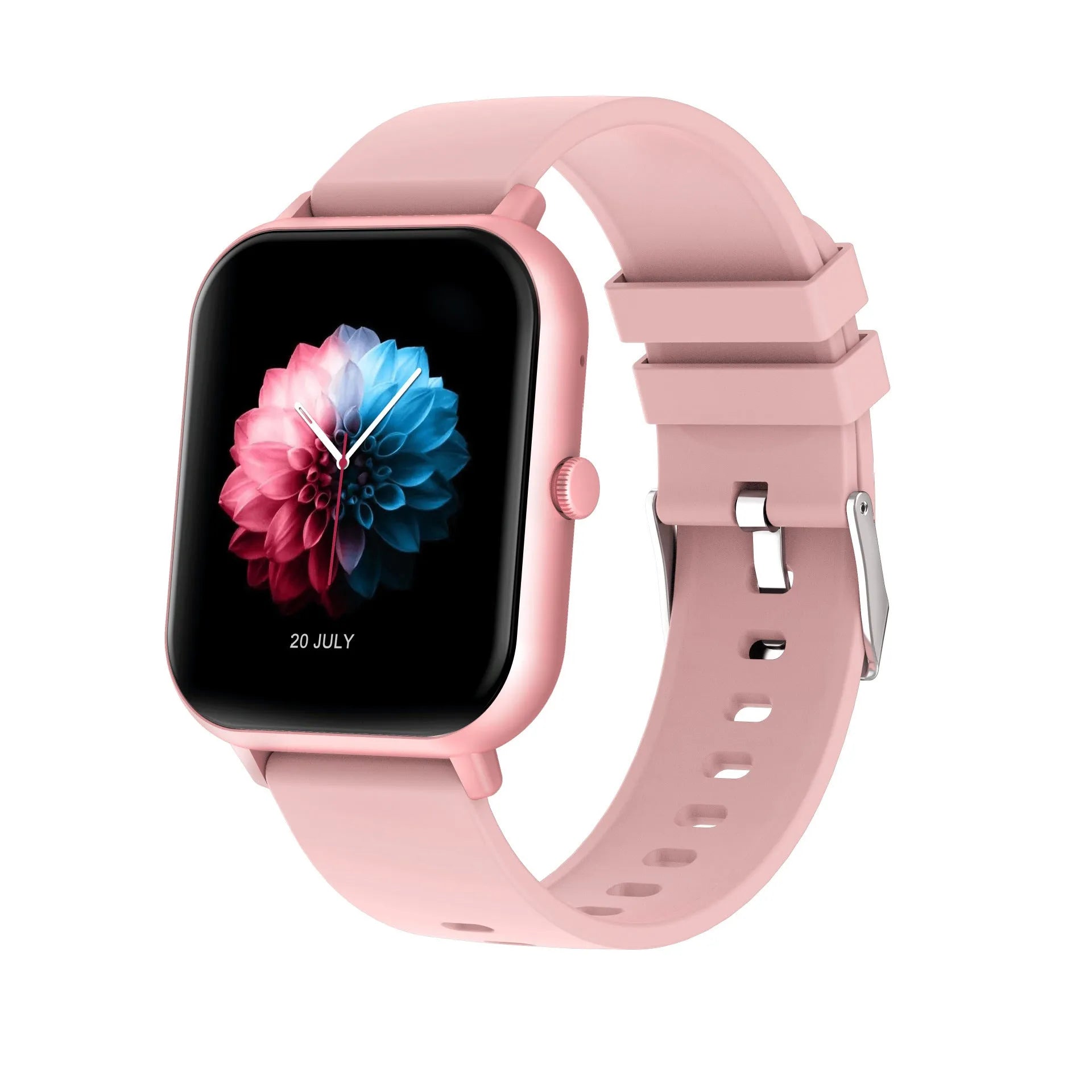 Bluetooth smart watch on wrist showing TFT screen, available in black, pink, silver gray, or khaki.