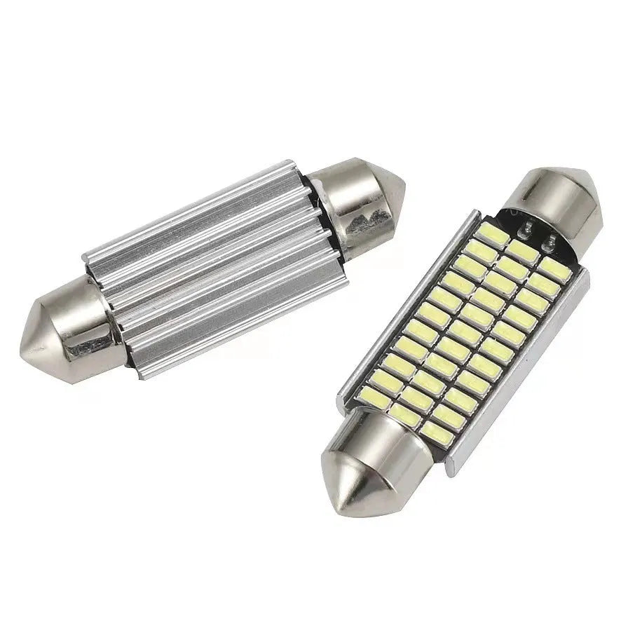 White aluminium car interior LED light with double tip design, shown with four size options.