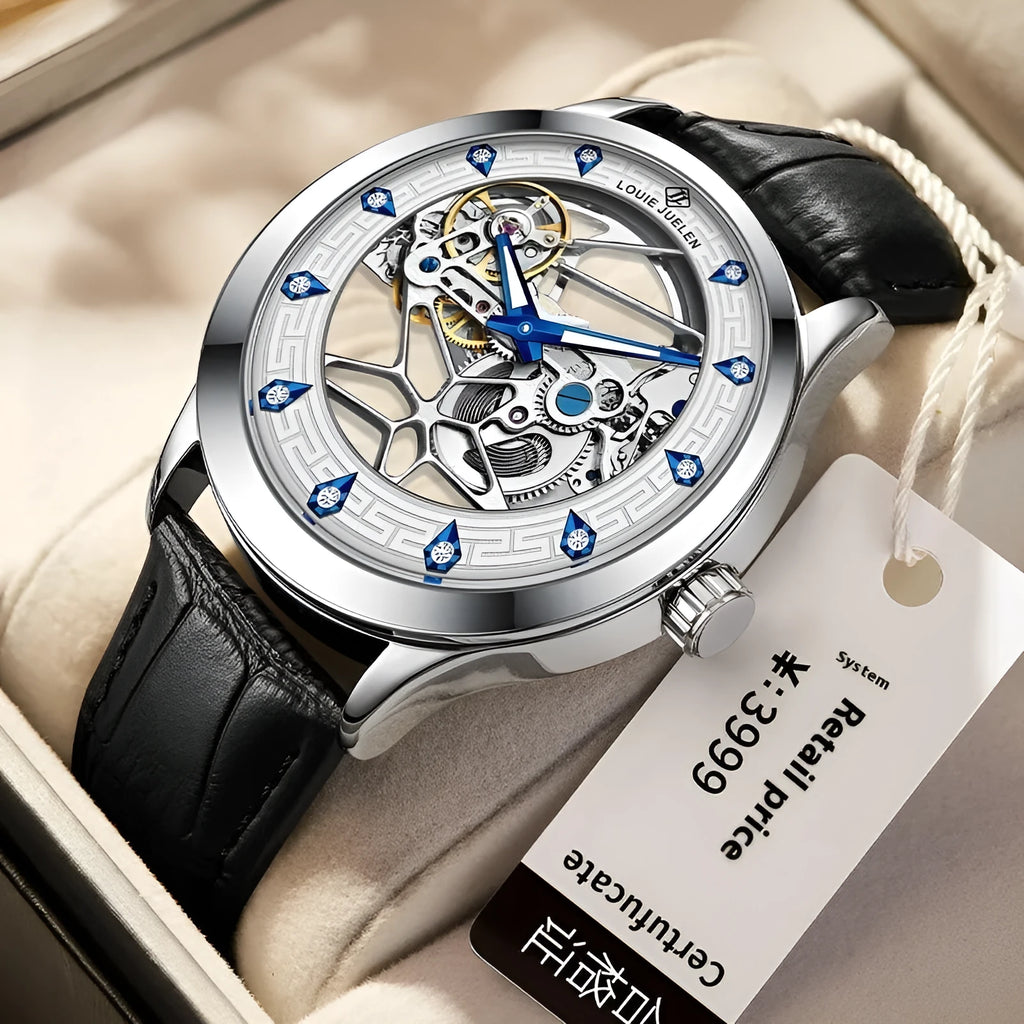 Men's silver mechanical watch with black leather strap, white dial, blue hands, and butterfly buckle